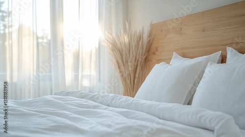 Sunlit bedroom, white bedding, wooden headboard