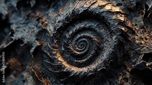 A detailed view of a fossilized spiral formation in rock
