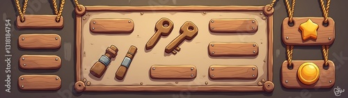 cartoon game ui buttons, wood keys, ropes, borders set