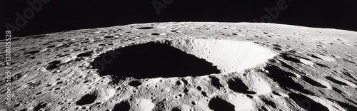 The lunar surface featuring a massive crater as a result of an asteroid impact, showing the aftermath with a dual canyon formation. photo