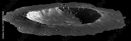 The lunar surface featuring a massive crater as a result of an asteroid impact, showing the aftermath with a dual canyon formation. photo