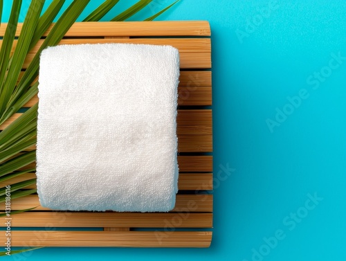 Fresh White Towel on Bamboo Tray, Tropical Setting