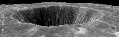 The lunar surface featuring a massive crater as a result of an asteroid impact, showing the aftermath with a dual canyon formation. photo