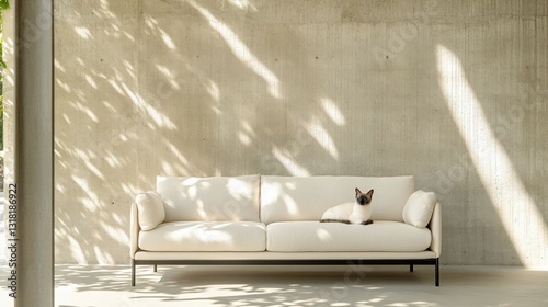 Siamese cat on beige sofa, modern home