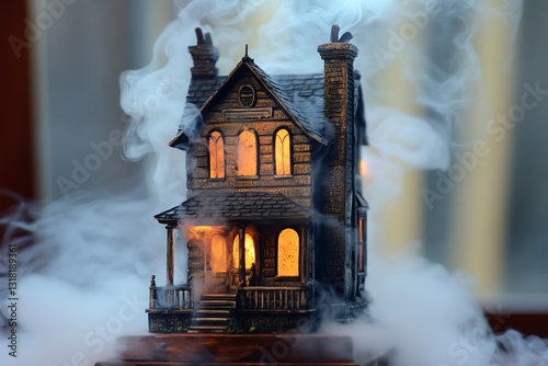 A miniature spooky haunted house model surrounded by swirling smoke, featuring glowing windows that create an enchanting, mysterious atmosphere perfect for Halloween decor.