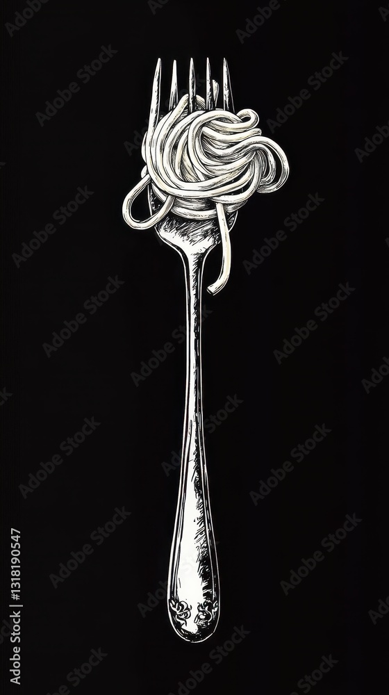 Obraz premium Spaghetti on fork,Watercolor of spaghetti rolled on a fork. Pasta and spaghetti,on white background,italian pasta spaghetti rolled on a silver fork,cooking ingredient.