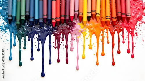 Melted crayons dripping on white canvas creating a colorful abstract design with glossy texture