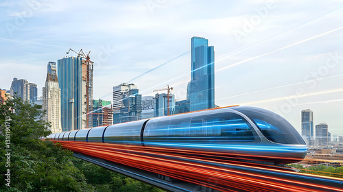 Wallpaper Mural High Speed Train Traveling Through Modern Cityscape with Bright Light Streaks and Blue Sky Torontodigital.ca