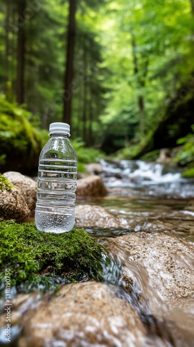 Water bottle by pristine stream, forest background