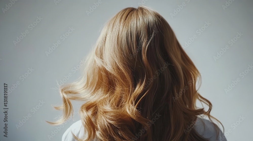 Naklejka premium Beautiful model girl with Brown hair strand,silky healthy chestnut wavy hair strand,hair wavy ribbon, with smooth,Keratin straightening,Treatment,straight long hair,procedures,Smooth hairstyle.