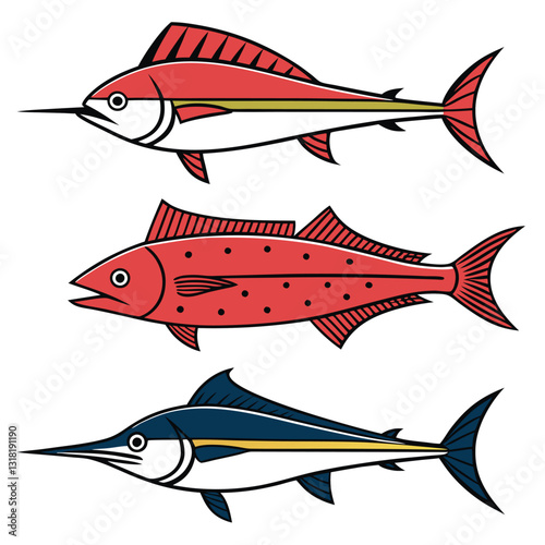 Deep Sea Predator and Prey Silhouette Set Swordfish, Grouper, Snapper, and Haddock