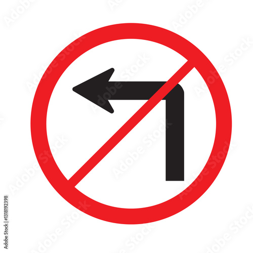 A traffic sign prohibiting left turns is prominently displayed on a white background