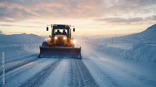Tractor clearing snowy road at sunset