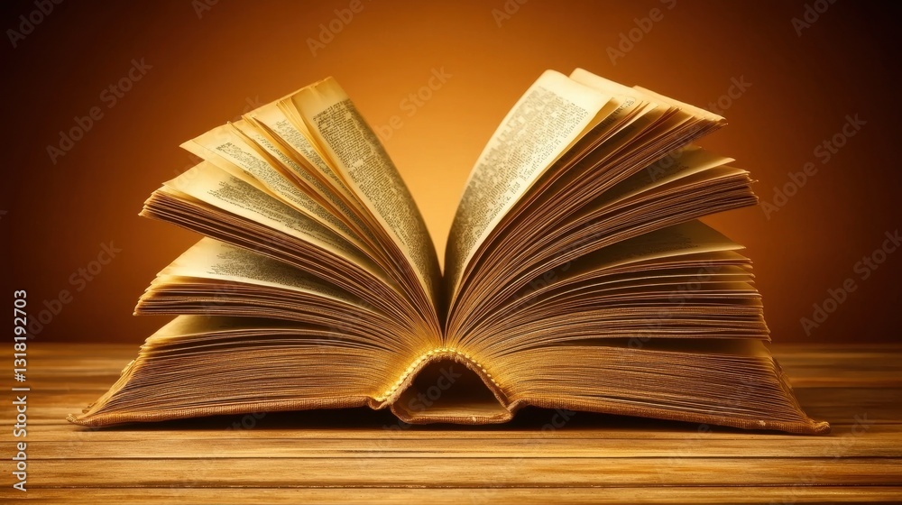 Fototapeta premium Open Book on Wooden Table, Golden Light