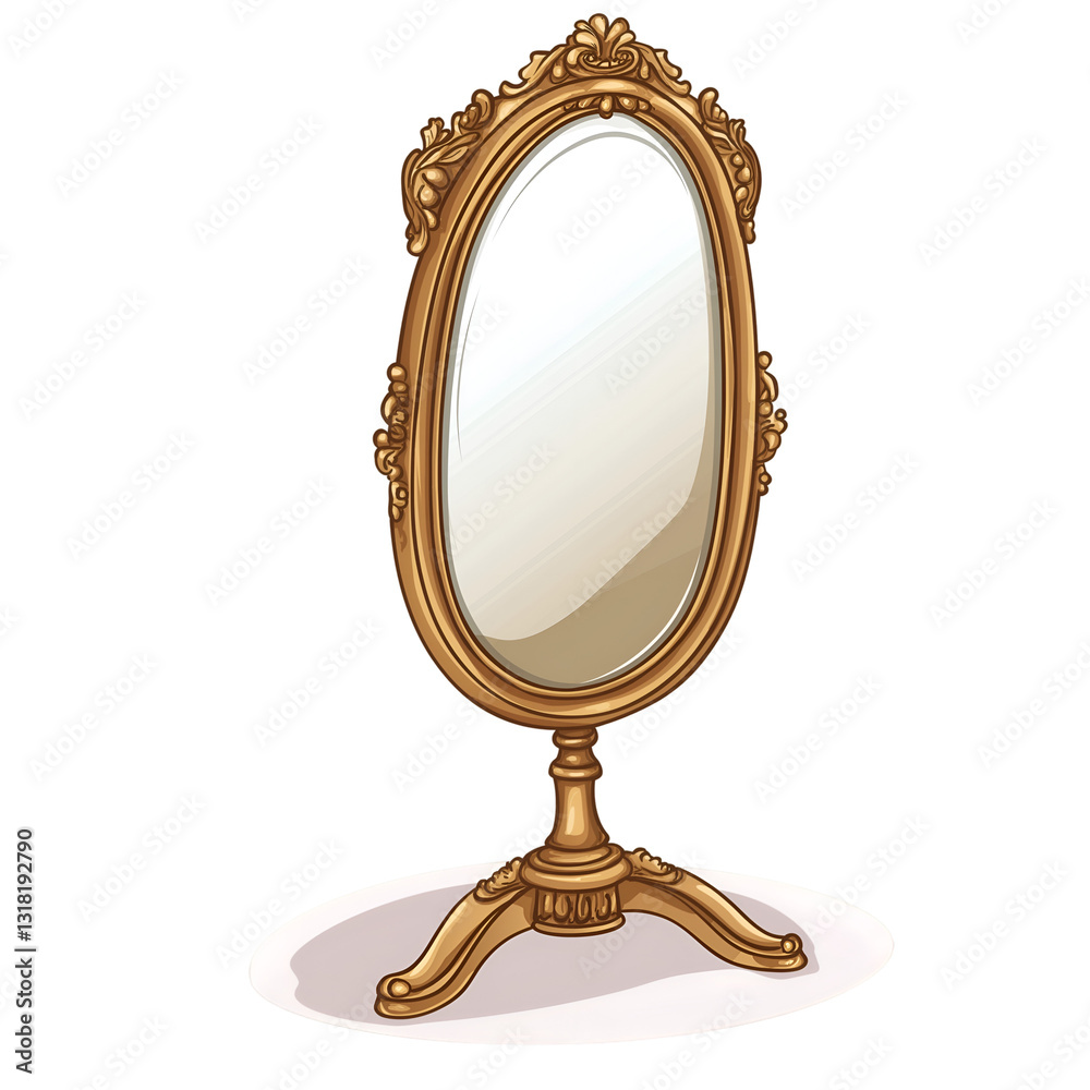 Standing ornate oval mirror with golden frame in a vintage style, Enchanted Objects and Magical Artifacts Concept Standing ornate oval mirror with golden frame in a vintage style, Enchanted Objects and Magical Artifacts Concept