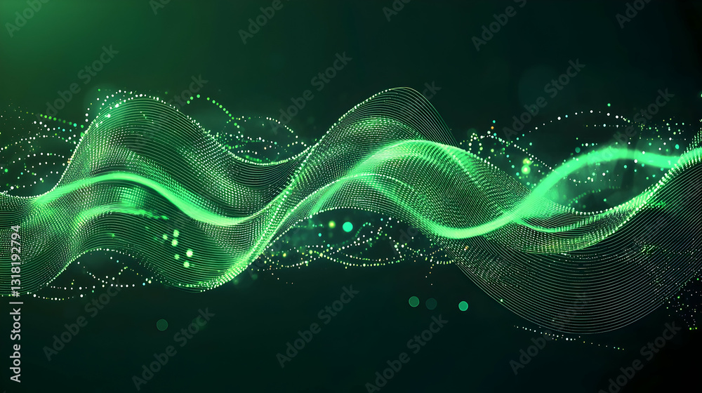 Fototapeta premium Dynamic Flowing Green Energy Wave With Particles On Dark Background Digital Abstract Art