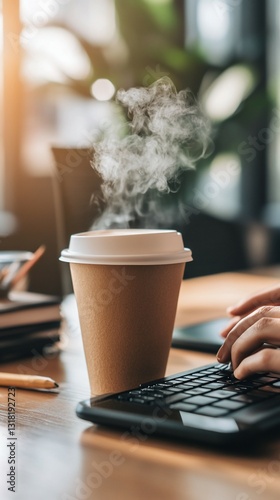 Woman works, coffee steams, office background, productivity