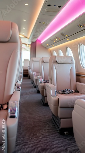 Private jet cabin interior, luxurious seating