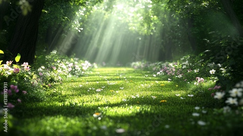 Sunlit forest path, flowers, spring