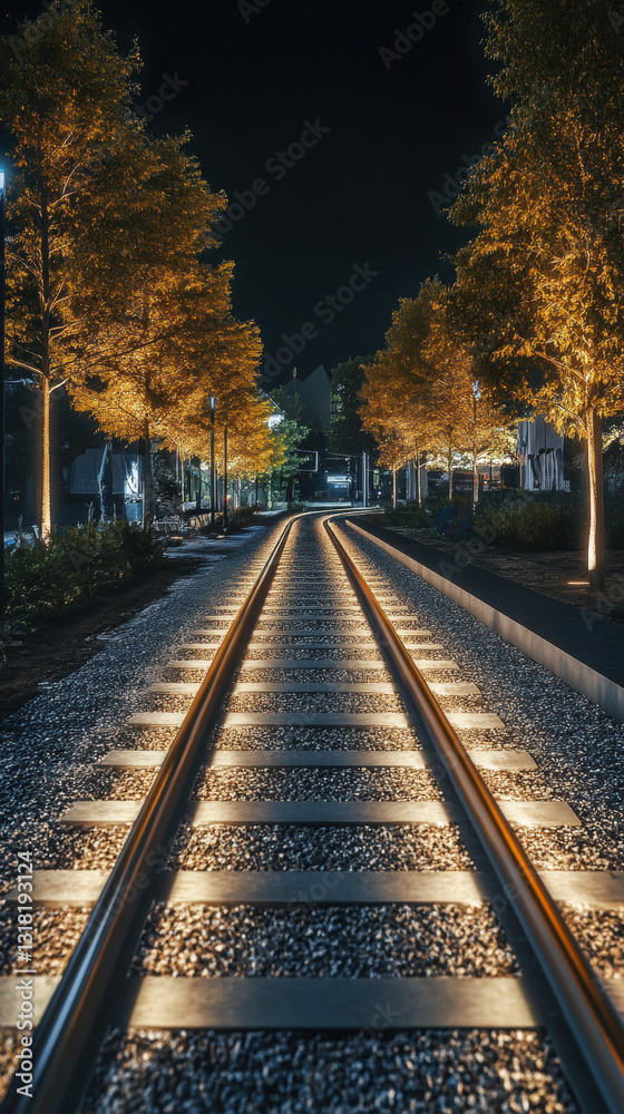 Fototapeta premium Illuminated Train Tracks at Night