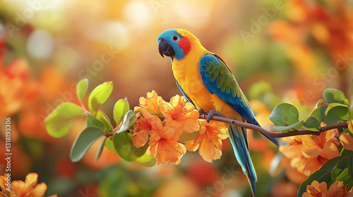 A beautiful colorful parrot sitting on a branch of a tree with flowers.