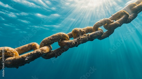 Underwater rusty chain, sun rays, ocean