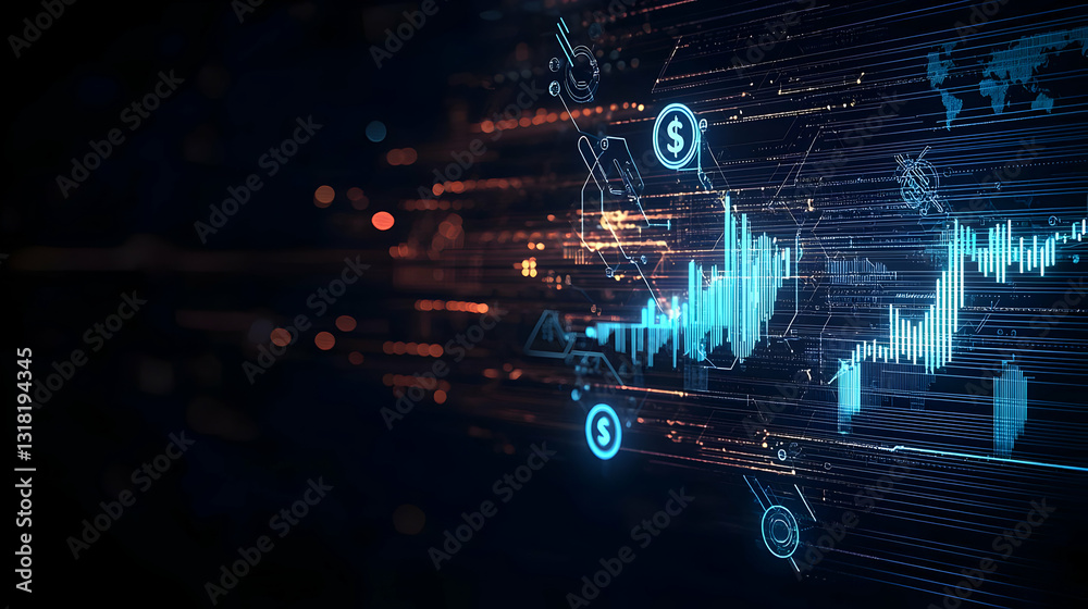 Fototapeta premium Dynamic Visualization of Financial Data Analysis with Glowing Blue and Orange Particles on a Dark Background
