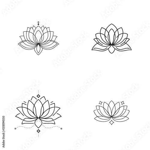 Simple lotus tattoo outline, thin line art style, smooth curves with open petals, no fill, minimal geometric accents – centered on a white canvas
