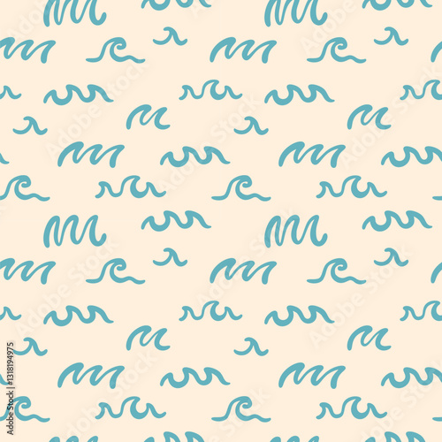 Tropical Beach Blue Wave Seamless Pattern. Cute Ocean Illustration with Exotic Surfboard Design. Modern Doodle Texture for Vintage Wallpaper. Perfect for Fabric, Wrapping Paper, and Travel Collage.
