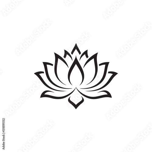 Abstract lotus flower vector tattoo design, sharp black outlines, detailed yet minimalist petal structure, with a balanced symmetrical look – placed on a white background