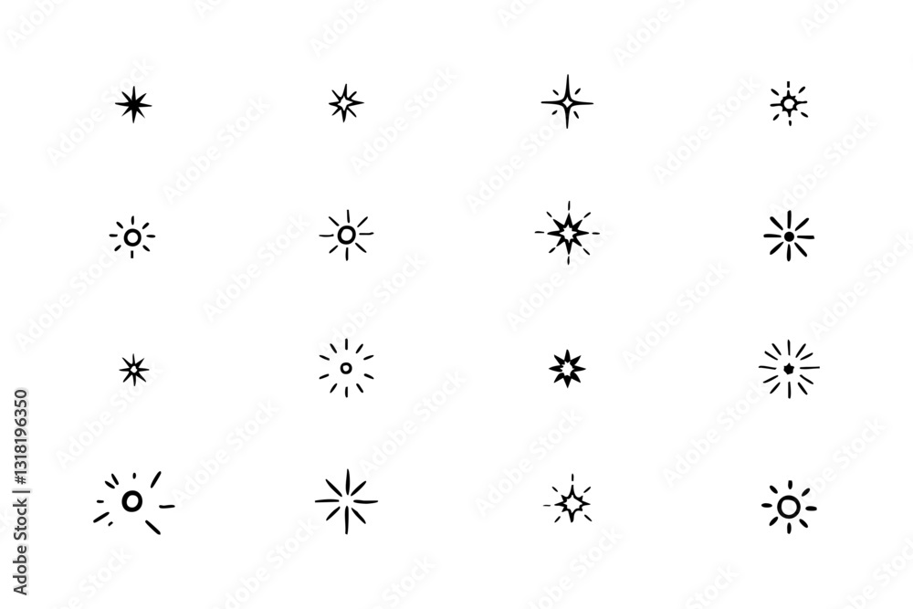 Hand-drawn sparkle and twinkle icon set in black ink style
Hand-drawn sparkle and twinkle icon set in black ink style