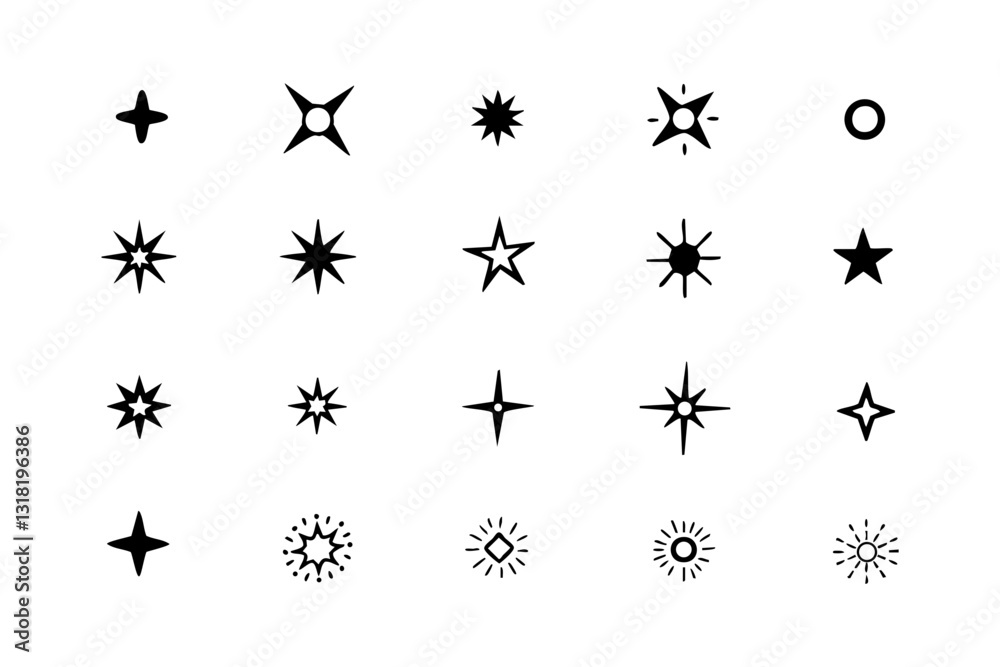Minimalist star and sparkle icon set in bold black silhouette style
Minimalist star and sparkle icon set in bold black silhouette style