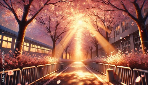 夕陽のさす桜並木の通学路(アニメ風2