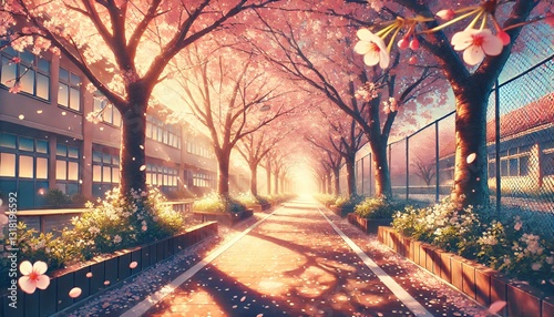 夕陽のさす並木道の通学路(アニメ風1