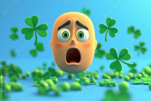 Saint Patrick's shocked emoji, clovers around, solid blue.