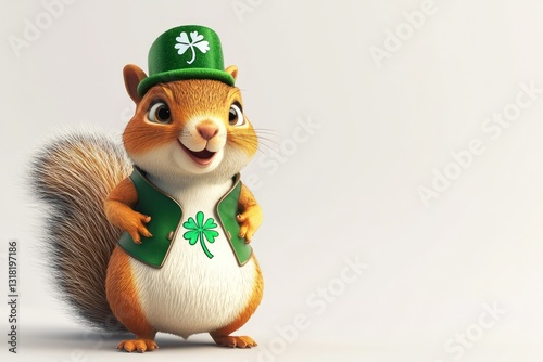 Joyful expression, 3D squirrel, Saint Patrick's outfit, shamrock hat, white.