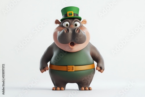 Hippo in leprechaun hat, surprised look, St. Patrick's.