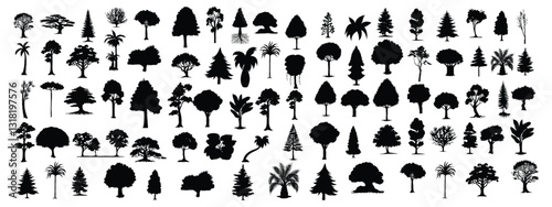 A collection of trees with a white background with a black and white background