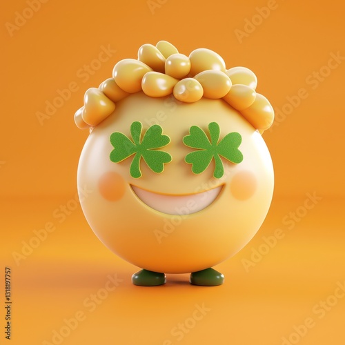 Shamrock-eyed emoji, peaceful expression, orange background.