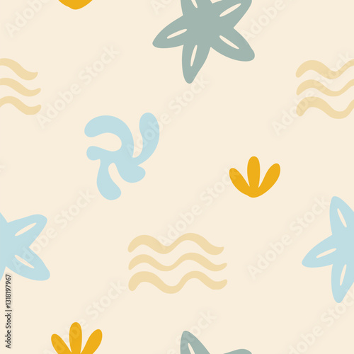 Boho Organic Summer Pattern. Abstract Beach Hand Drawn Background. Boho Sun And Palm Print. Vector Illustration Cutout Naive Style. Ocean Coral And Sun Seamless Pattern. Modern Groovy Textile Bg.