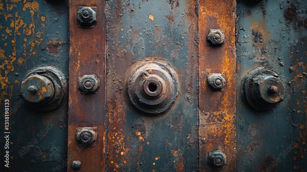 Fototapeta premium Detailed close up of corroded metal surface featuring bolts and rivets texture