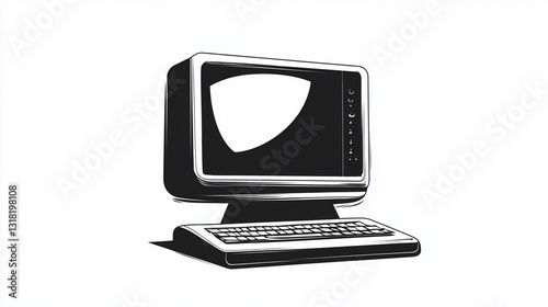 Vintage Computer Illustration: Retro Desktop PC in Black and White