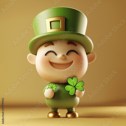 Saint Patrick's smiling emoji in a leprechaun hat, clover in hand, gold field.