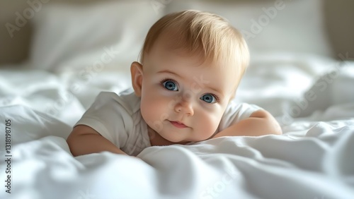 A baby with blue eyes rests on a soft, white bedspread, looking curiously at the camera. Concept Baby Photography, Soft Textures, Curiosity in Infants, Blue Eyes, Cozy Bedroom Setting