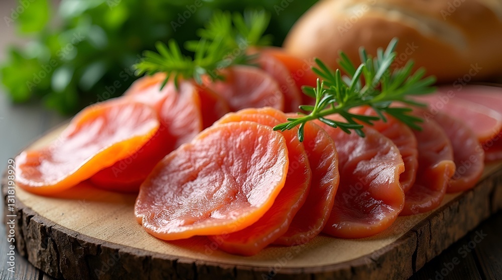 Thinly Sliced Smoked Salmon on Rustic Wooden Board with Herbs Thinly Sliced Smoked Salmon on Rustic Wooden Board with Herbs