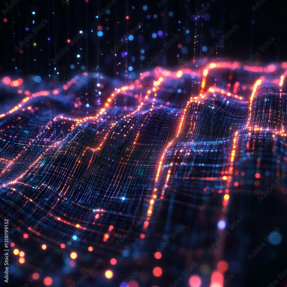 Fototapeta premium Vibrant digital waves adorned with bright particles create an immersive abstract background. Perfect for technology, data visualization, and artistic projects.