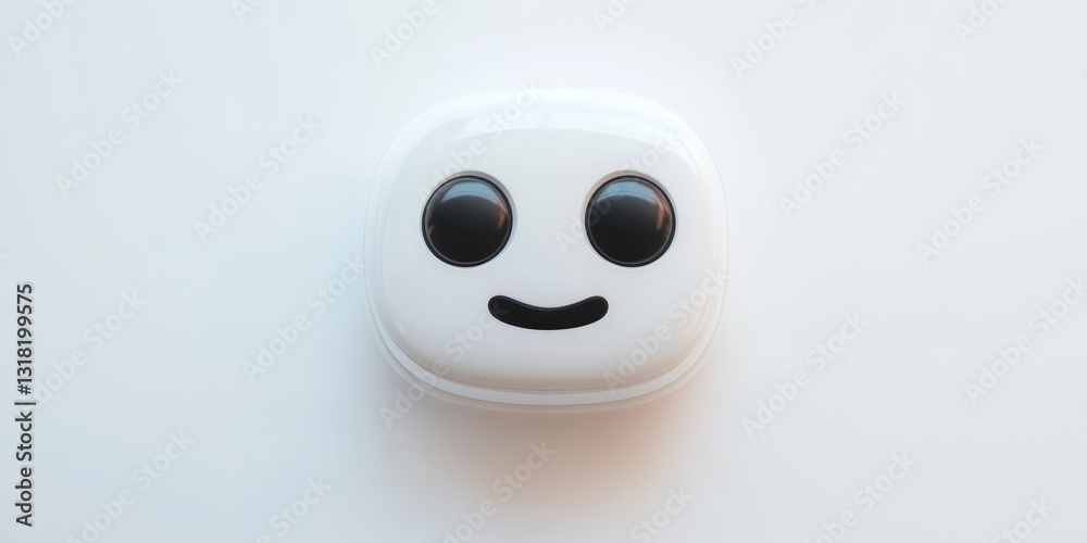 Fototapeta premium This image features a pair of cute wireless earbuds with a smiling face on a soft white background, perfect for promoting technology and entertainment.