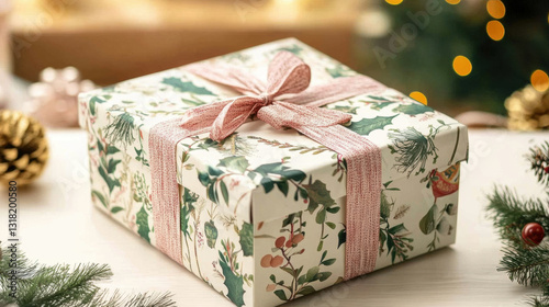 Floral gift box with pink ribbon
