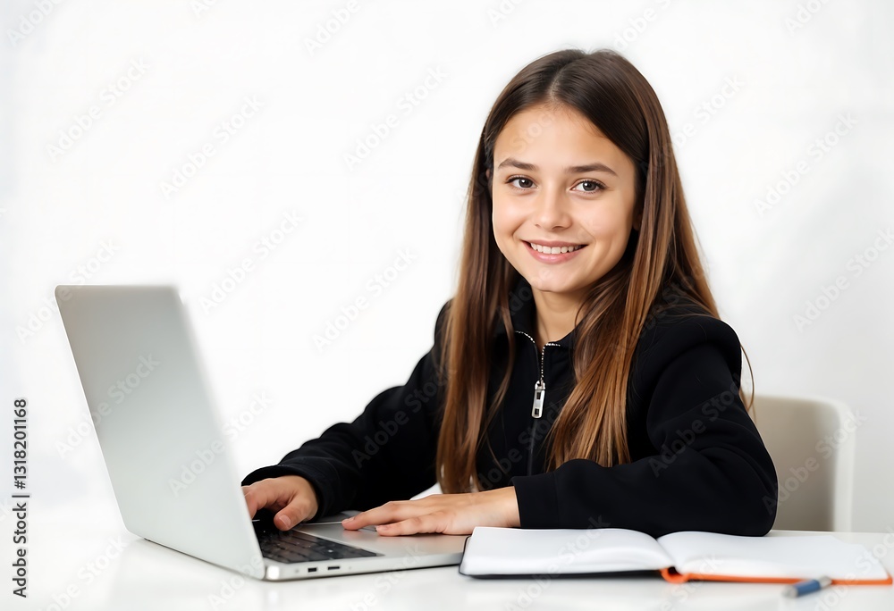 Young Student with Long Brown Hair Smiling at Desk Using Laptop and Notebook in Office Setting Casual Attire Natural Lighting Professional Portrait Focused on Education and Technology Young Student with Long Brown Hair Smiling at Desk Using Laptop and Notebook in Office Setting Casual Attire Natural Lighting Professional Portrait Focused on Education and Technology