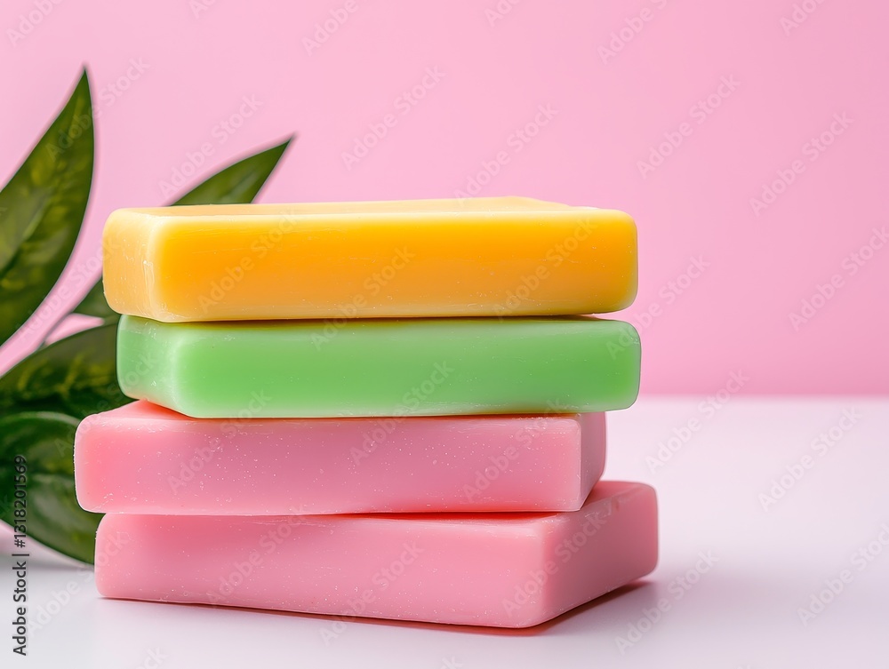 Stacked Pastel Soap Bars on Pink Background Stacked Pastel Soap Bars on Pink Background